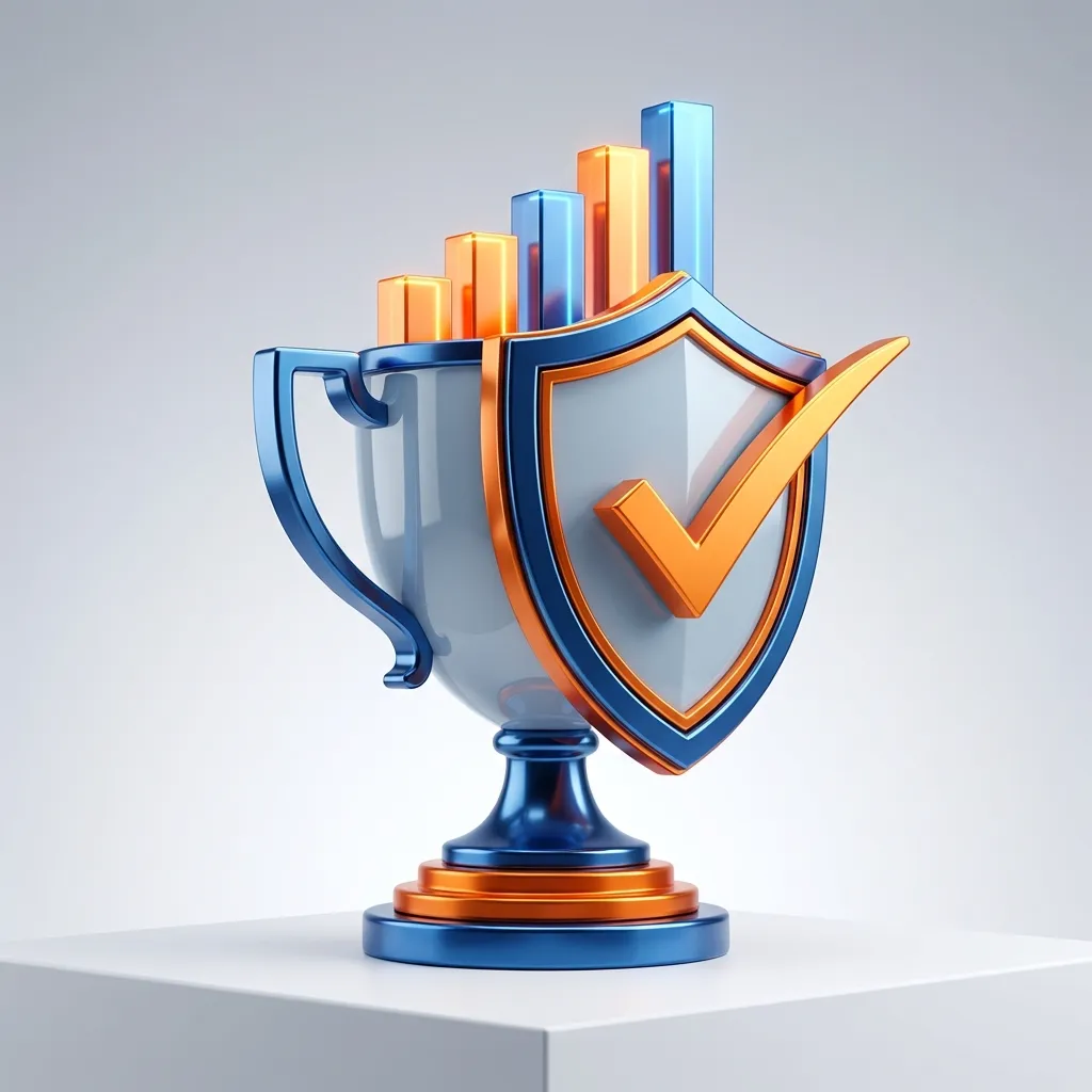 Digital marketing success represented by a trophy and performance shield
